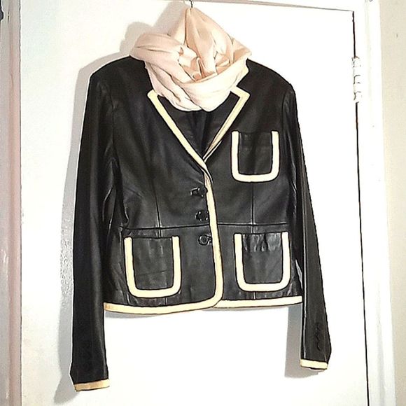 D2K BLACK AD BEIGE LEATHER JACKET WITH TWO OUTSIDE FRONT POCKETS - Picture 1 of 4